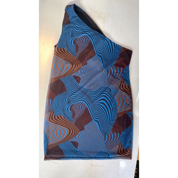 PrettyLittleThing Abstract Swirl Mesh One Shoulder Mini Dress NWT Sz 16 - Picture 13 of 15